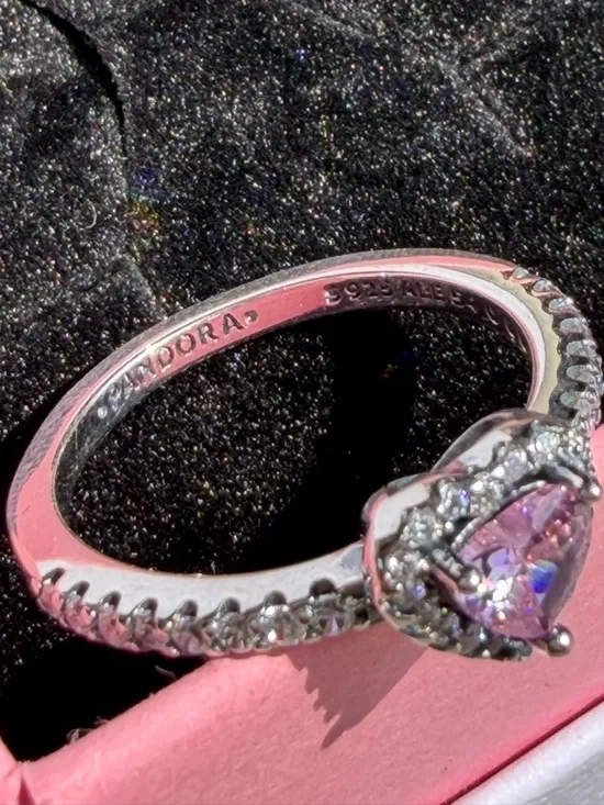 Pandora Silver Ring with Pink Heart Center and Halo - Picture 2 of 3